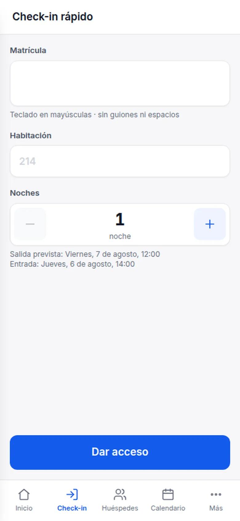 Check-in rápido del panel de hotel