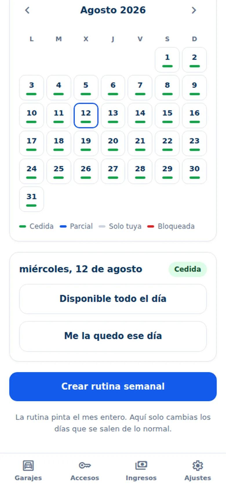 Calendario de disponibilidad de una plaza, con un día elegido y sus opciones