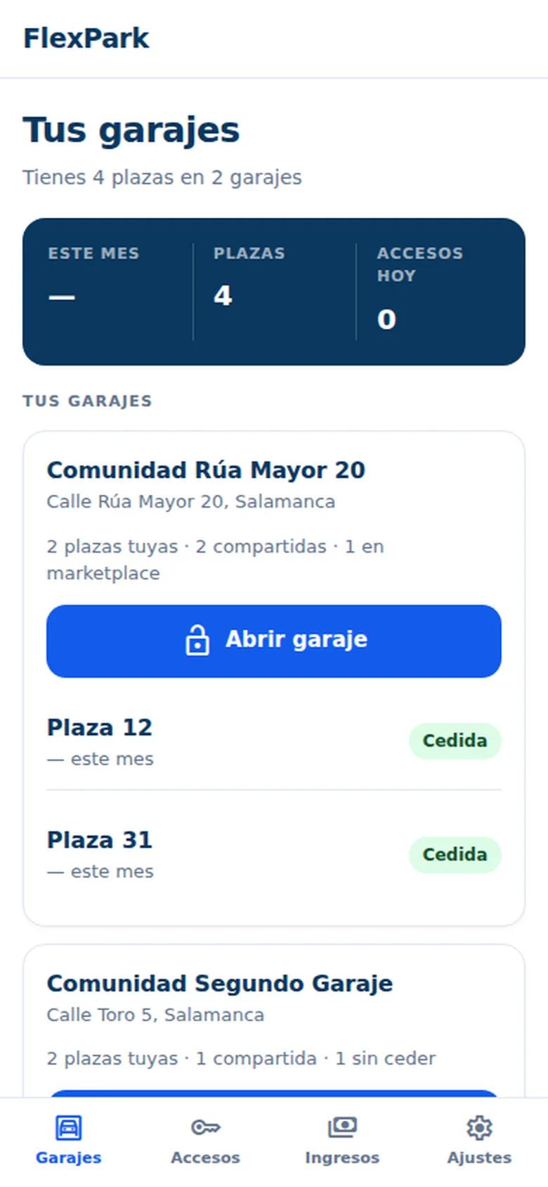 Panel con los garajes y el resumen del mes